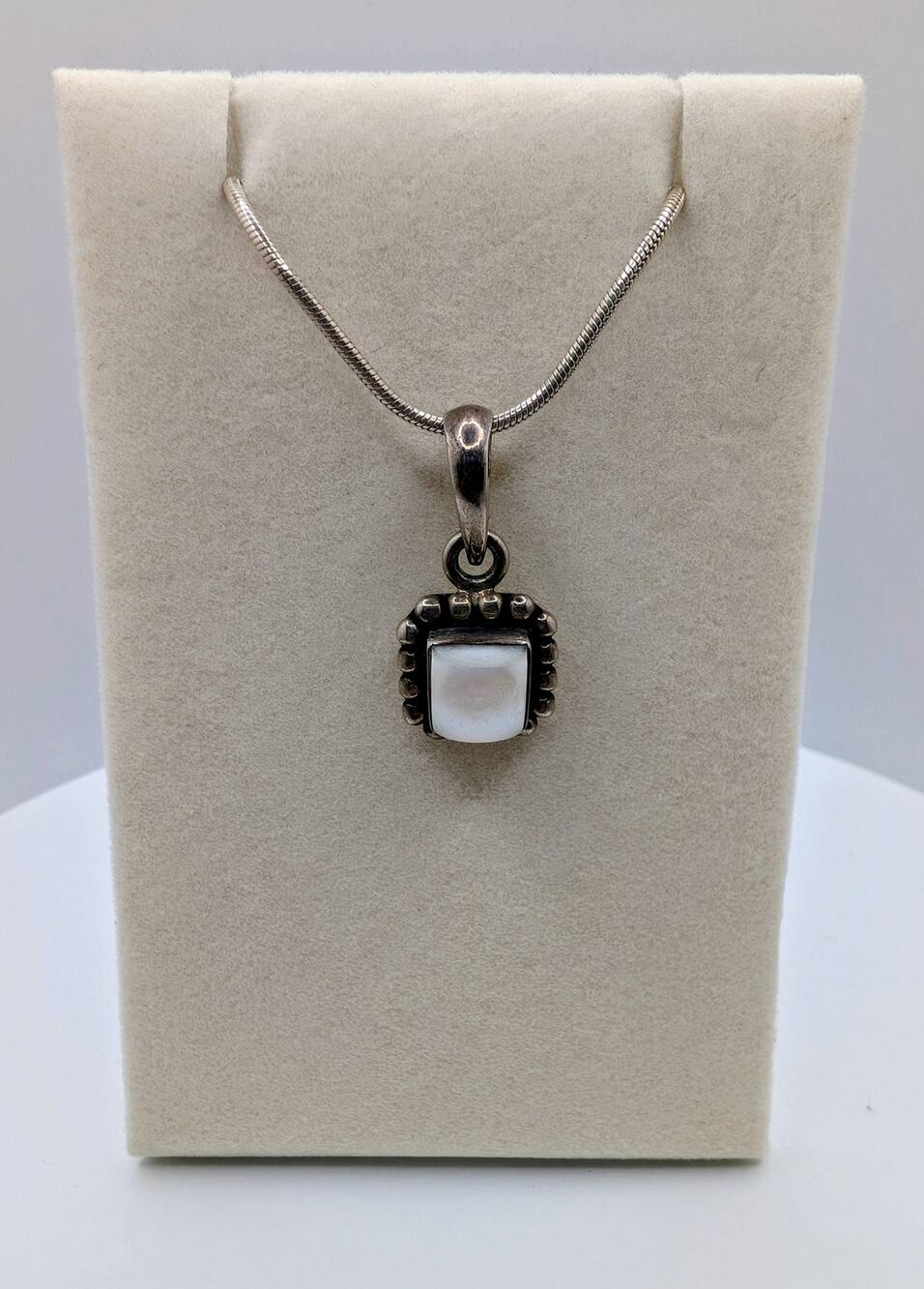 Retired Silpada MOP SS Square Button Pendant (S1211) on 18-in Snake Chain